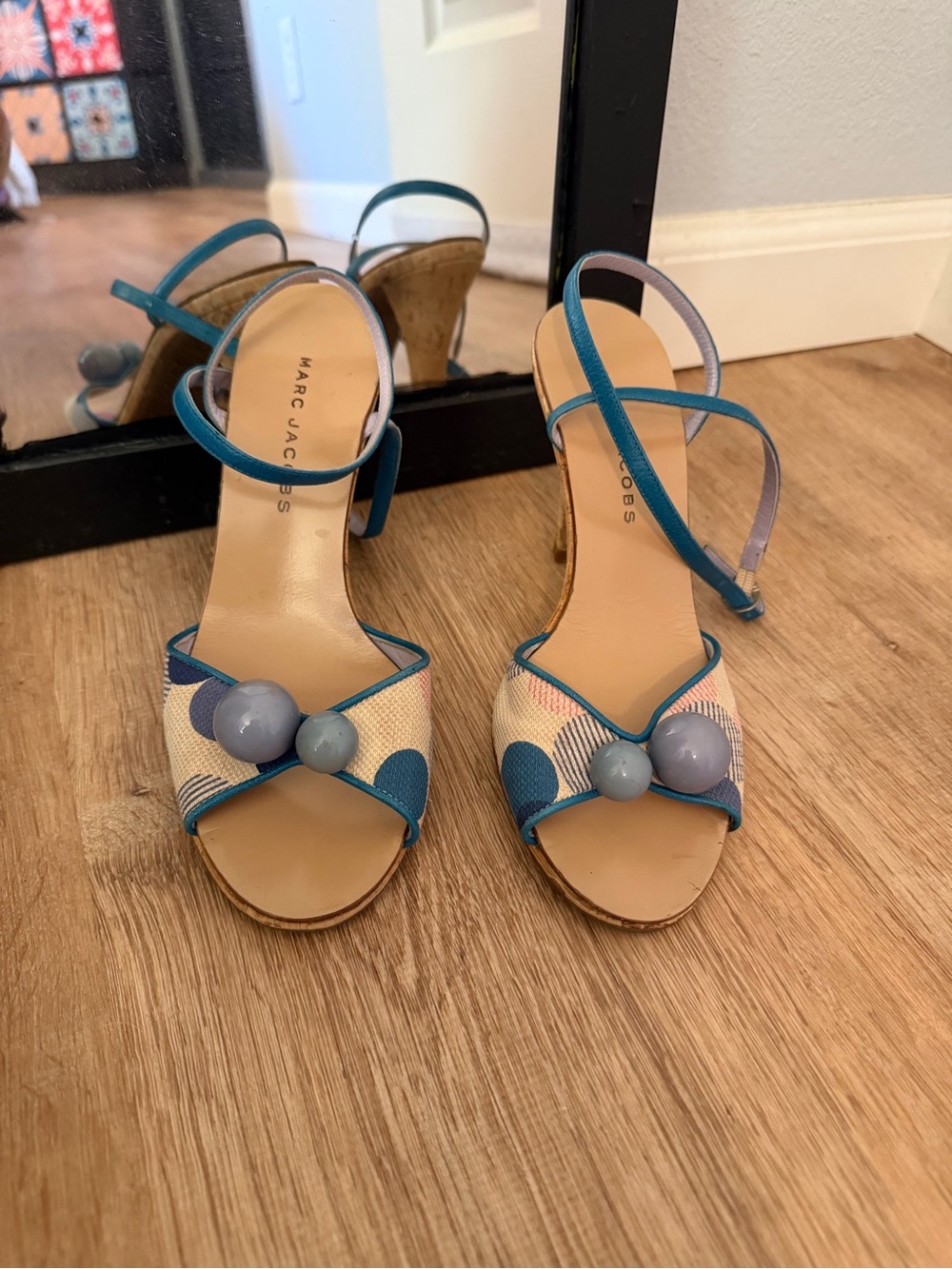 Y2K Vintage Marc Jacobs Polka Dot Bead Sandals Cork Heels  Size 7.5